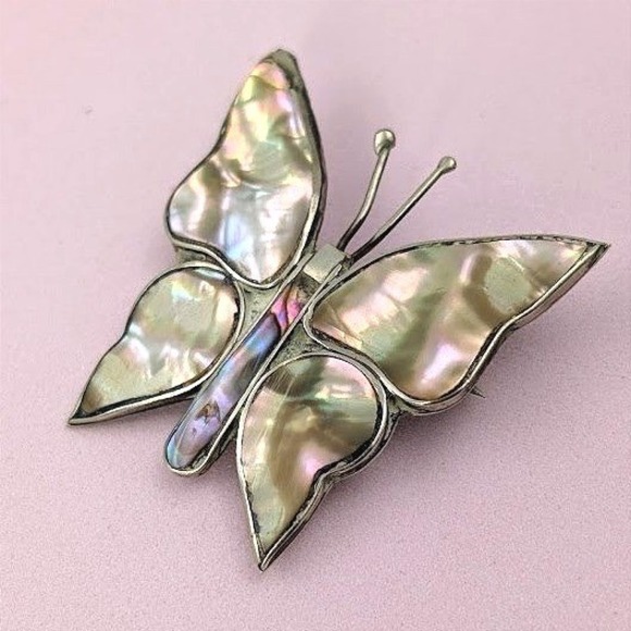 VTG Mexico Butterfly Brooch Iridescent Abalone Silver Tone Whimsy Fairy - Picture 2 of 10